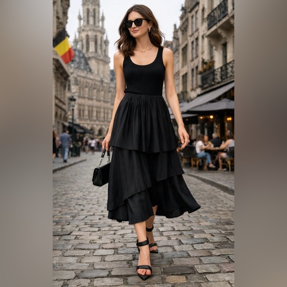 Christian Wijnants Black Shiba Tiered Silk Blend Midi Skirt38 (US 6) Designer